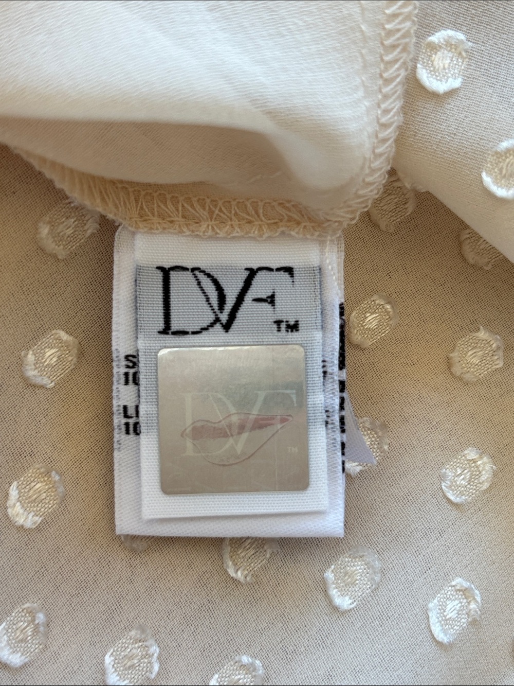 DIANE $248 VON FURSTENBERG • 21” PTP • Cream Swiss Dot Blouse - Picture 5 of 9